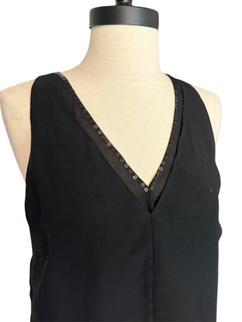 Upcycled Black Sequin V Neck Cutout Back Sleeveless Tank Top